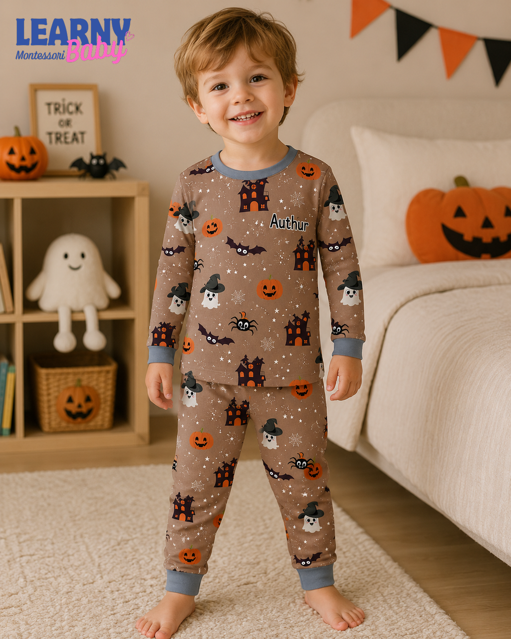 Personalized Halloween Bamboo Short Pajamas for Kids, Custom Name Ghost Pumpkin Bat and Haunted House Sleepwear