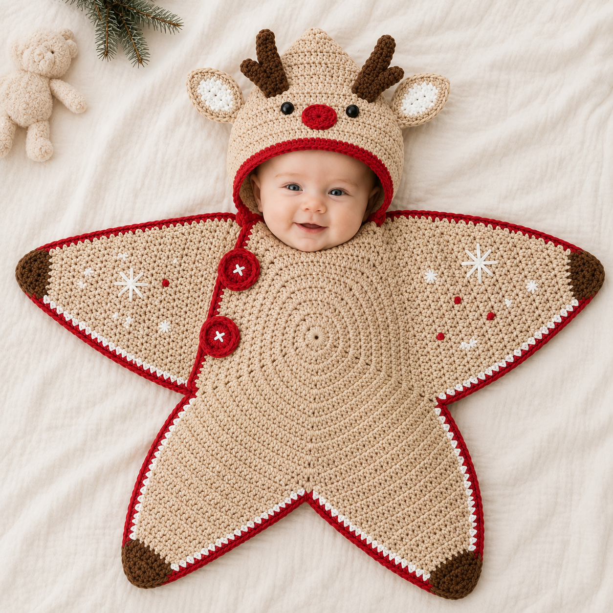 Crochet Reindeer Star Baby Cocoon – Handmade Christmas Baby Outfit