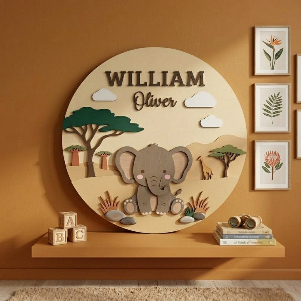 Personalized Wooden Elephant Name Sign, Safari Nursery Wall Decor, Baby Shower Gift