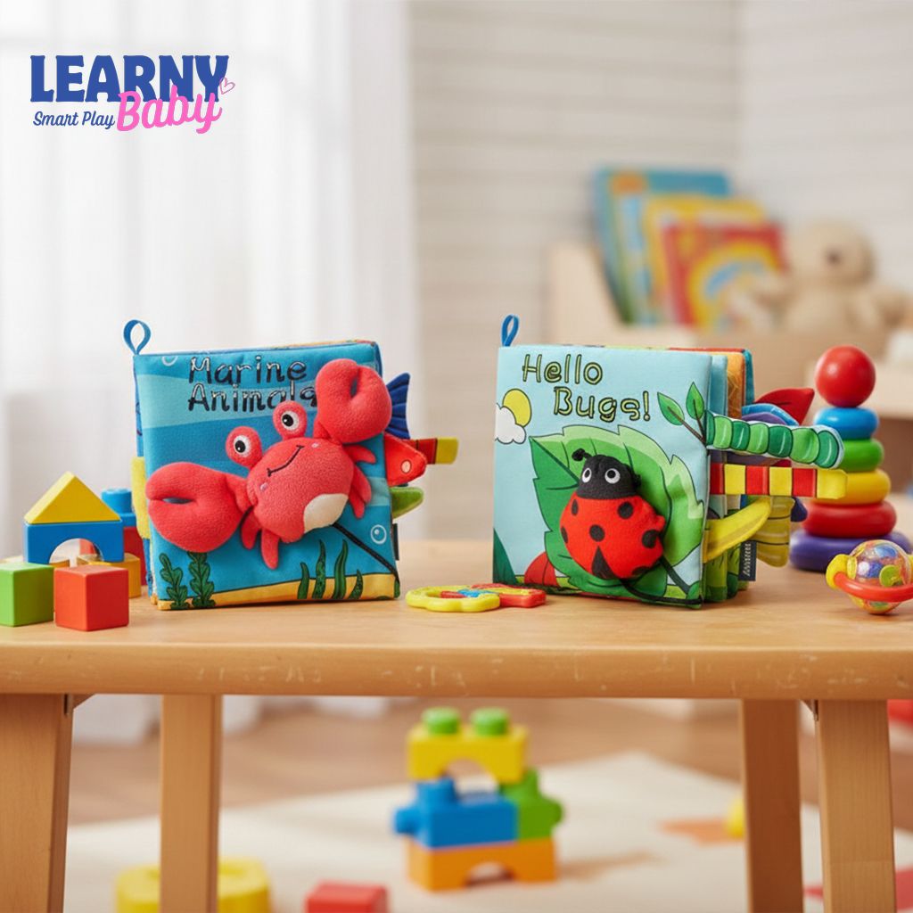 Soft Crinkle Baby Cloth Book with Marine Animal Tails, Montessori Sensory Tummy Time Toy, High Contrast Hanging Stroller Book for Infants 0–18 Months LBBB06