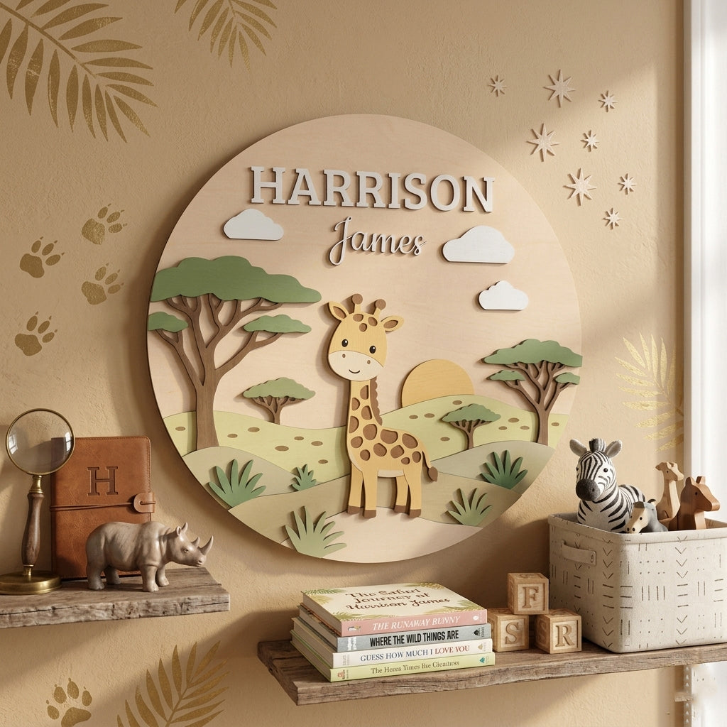 Personalized Giraffe Name Sign, Wooden Safari Nursery Wall Decor, Boho Baby Girl Room Decor, Newborn