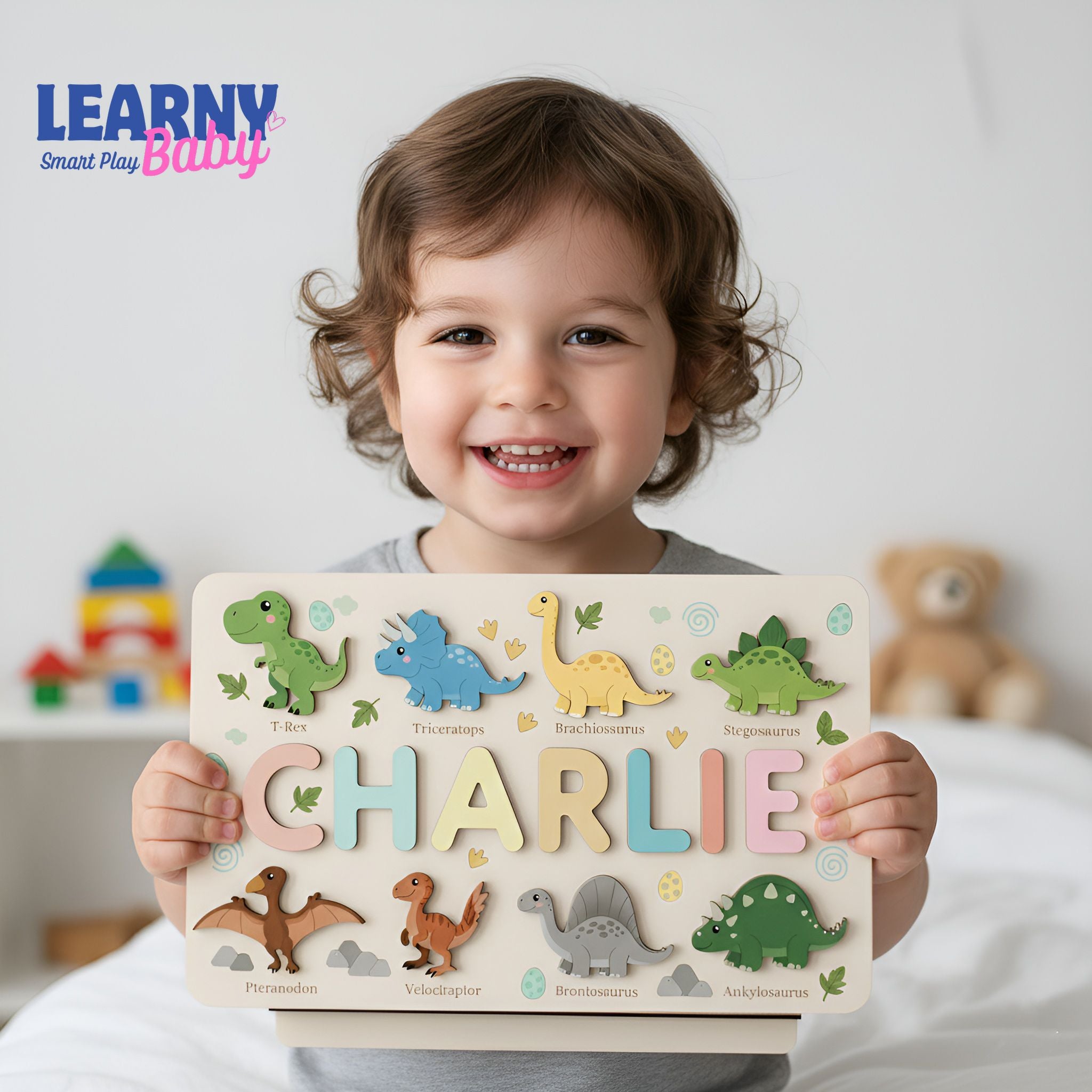 Personalized Wooden Dinosaur Name Puzzle – Custom Montessori Learning Board for Toddlers, Educational Name Recognition & Fine Motor Skills Toy BBLB5