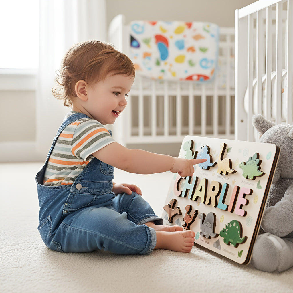 Personalized Wooden Dinosaur Name Puzzle – Custom Montessori Learning Board for Toddlers, Educational Name Recognition & Fine Motor Skills Toy BBLB5