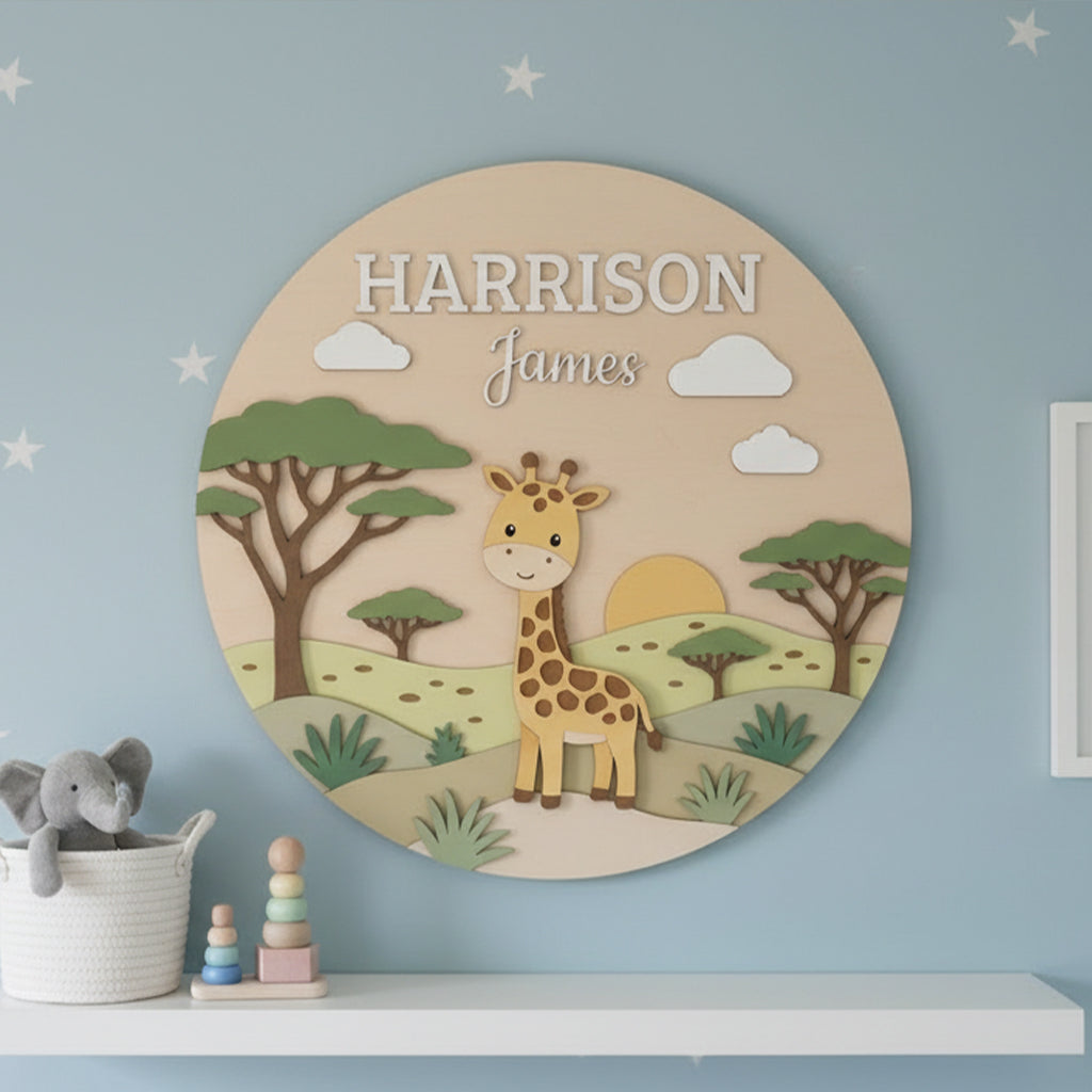 Personalized Giraffe Name Sign, Wooden Safari Nursery Wall Decor, Boho Baby Girl Room Decor, Newborn