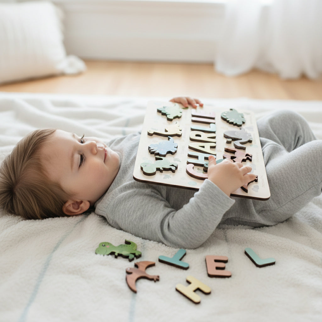 Personalized Wooden Dinosaur Name Puzzle – Custom Montessori Learning Board for Toddlers, Educational Name Recognition & Fine Motor Skills Toy BBLB5