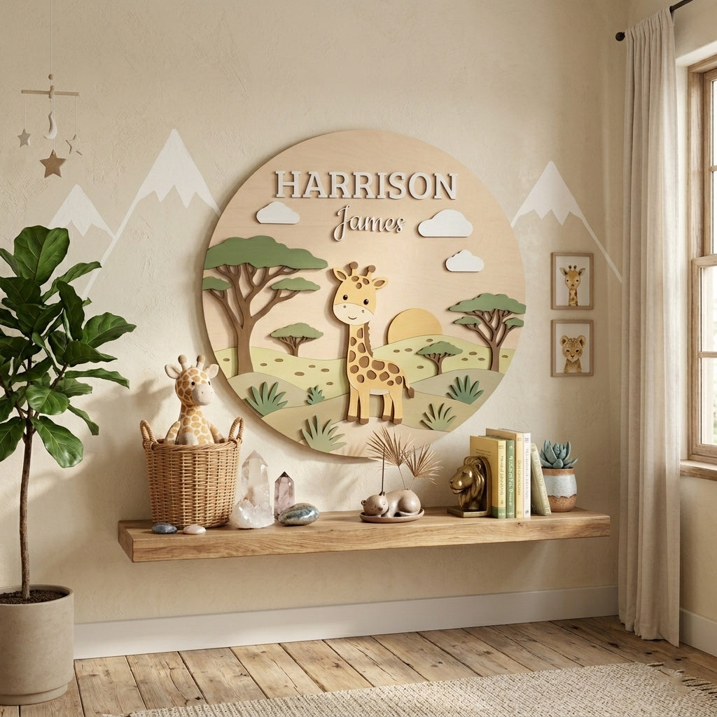 Personalized Giraffe Name Sign, Wooden Safari Nursery Wall Decor, Boho Baby Girl Room Decor, Newborn