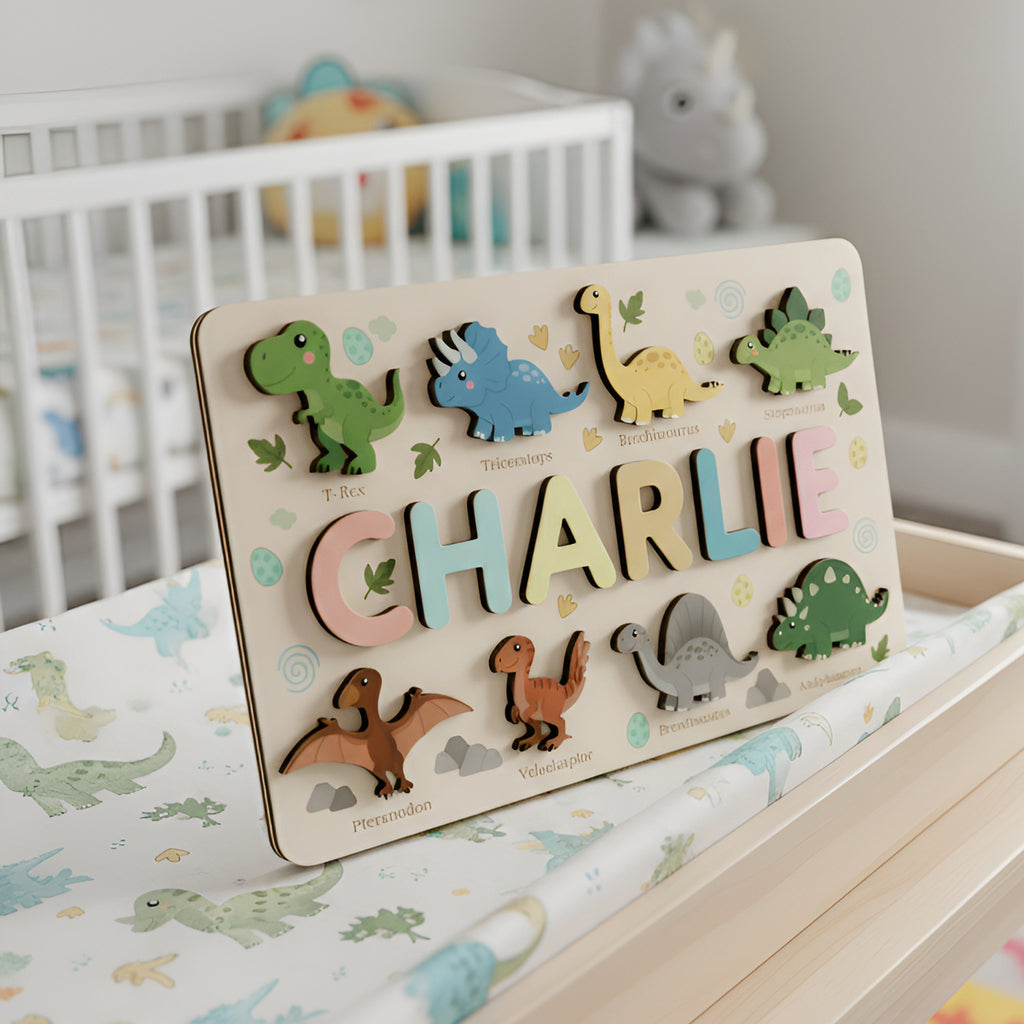 Personalized Wooden Dinosaur Name Puzzle – Custom Montessori Learning Board for Toddlers, Educational Name Recognition & Fine Motor Skills Toy BBLB5