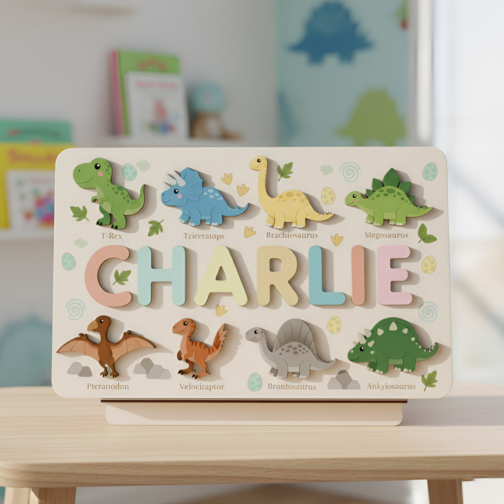 Personalized Wooden Dinosaur Name Puzzle – Custom Montessori Learning Board for Toddlers, Educational Name Recognition & Fine Motor Skills Toy BBLB5