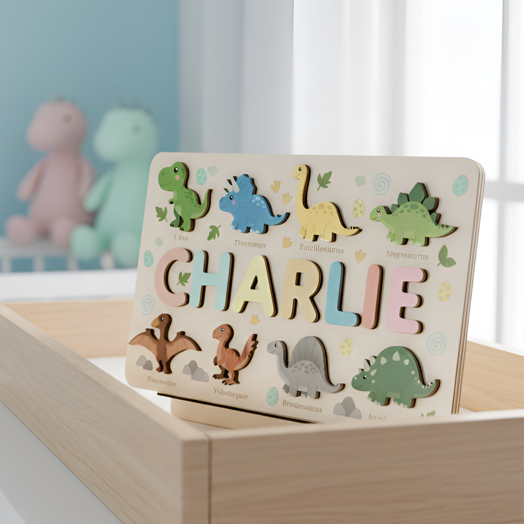 Personalized Wooden Dinosaur Name Puzzle – Custom Montessori Learning Board for Toddlers, Educational Name Recognition & Fine Motor Skills Toy BBLB5
