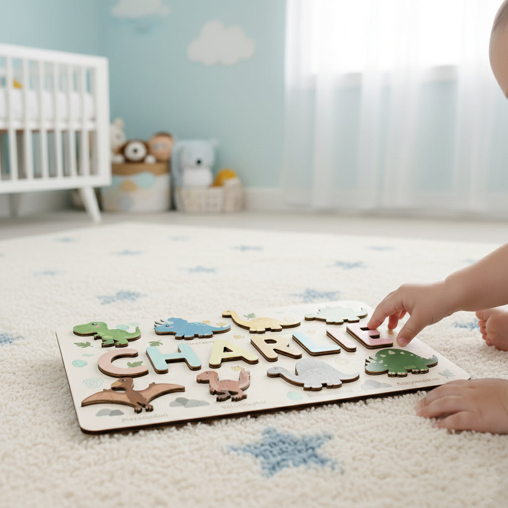 Personalized Wooden Dinosaur Name Puzzle – Custom Montessori Learning Board for Toddlers, Educational Name Recognition & Fine Motor Skills Toy BBLB5