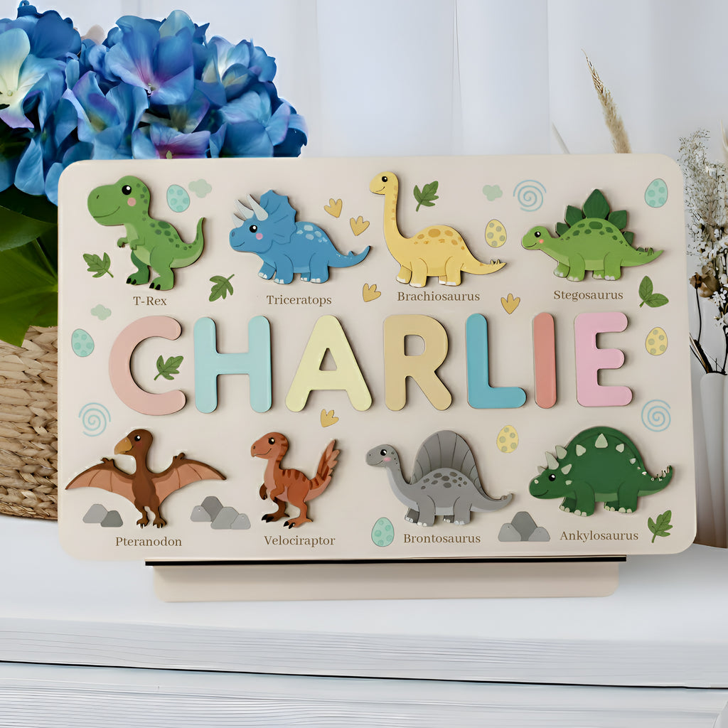 Personalized Wooden Dinosaur Name Puzzle – Custom Montessori Learning Board for Toddlers, Educational Name Recognition & Fine Motor Skills Toy BBLB5