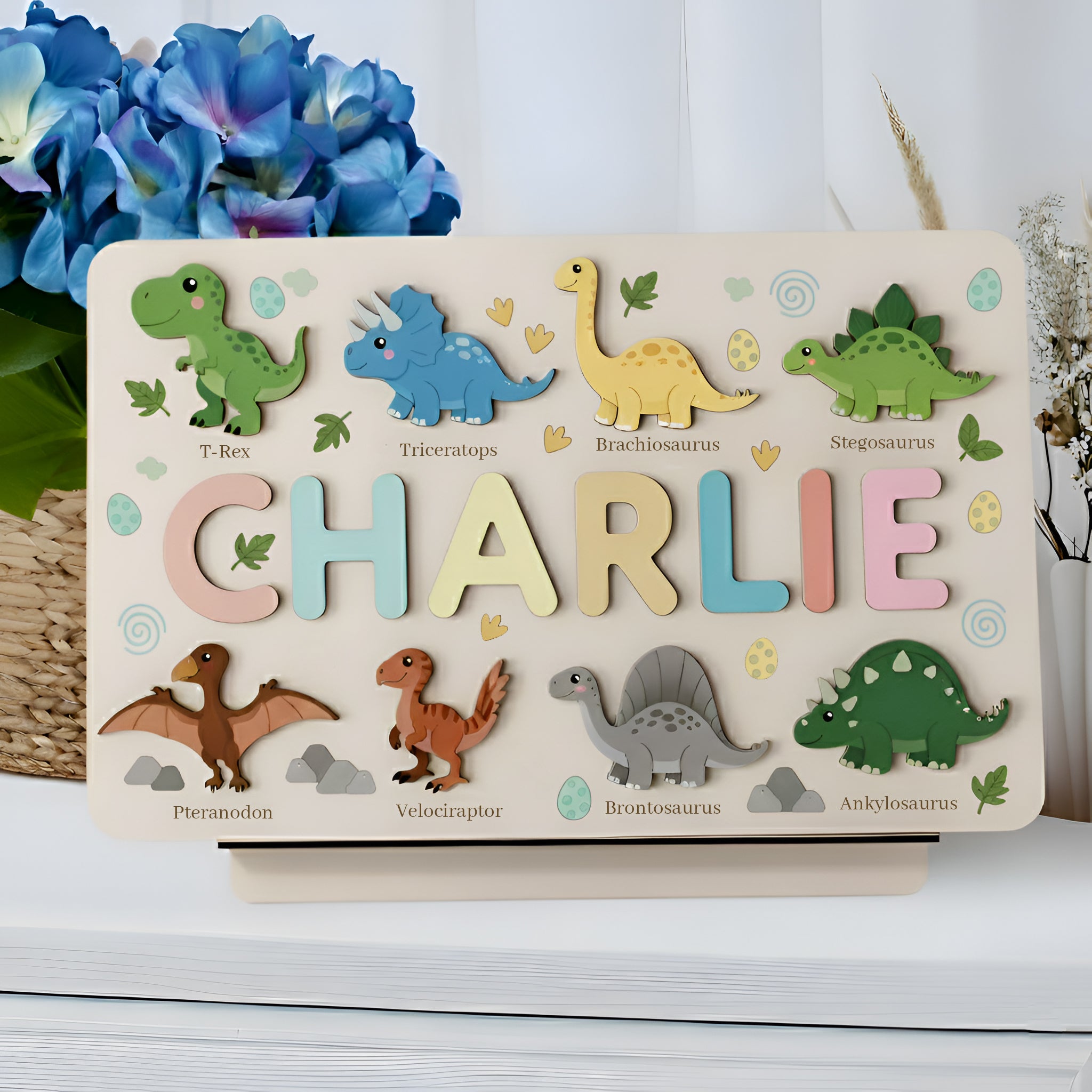 Personalized Wooden Dinosaur Name Puzzle – Custom Montessori Learning Board for Toddlers, Educational Name Recognition & Fine Motor Skills Toy BBLB5