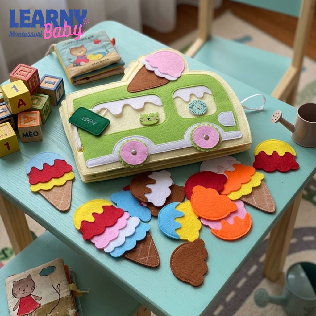 Ice Cream Busy Book for Toddlers, Felt Quiet Book Ice Cream Truck, Montessori Sensory Toy, Fine Motor Skills Toy, Toddler Travel Toy QBLB47