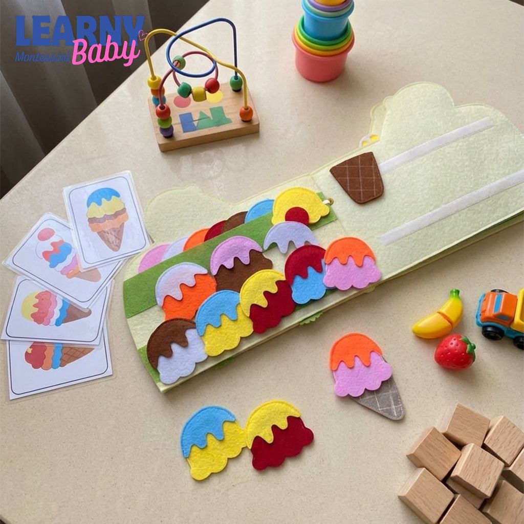 Ice Cream Busy Book for Toddlers, Felt Quiet Book Ice Cream Truck, Montessori Sensory Toy, Fine Motor Skills Toy, Toddler Travel Toy QBLB47