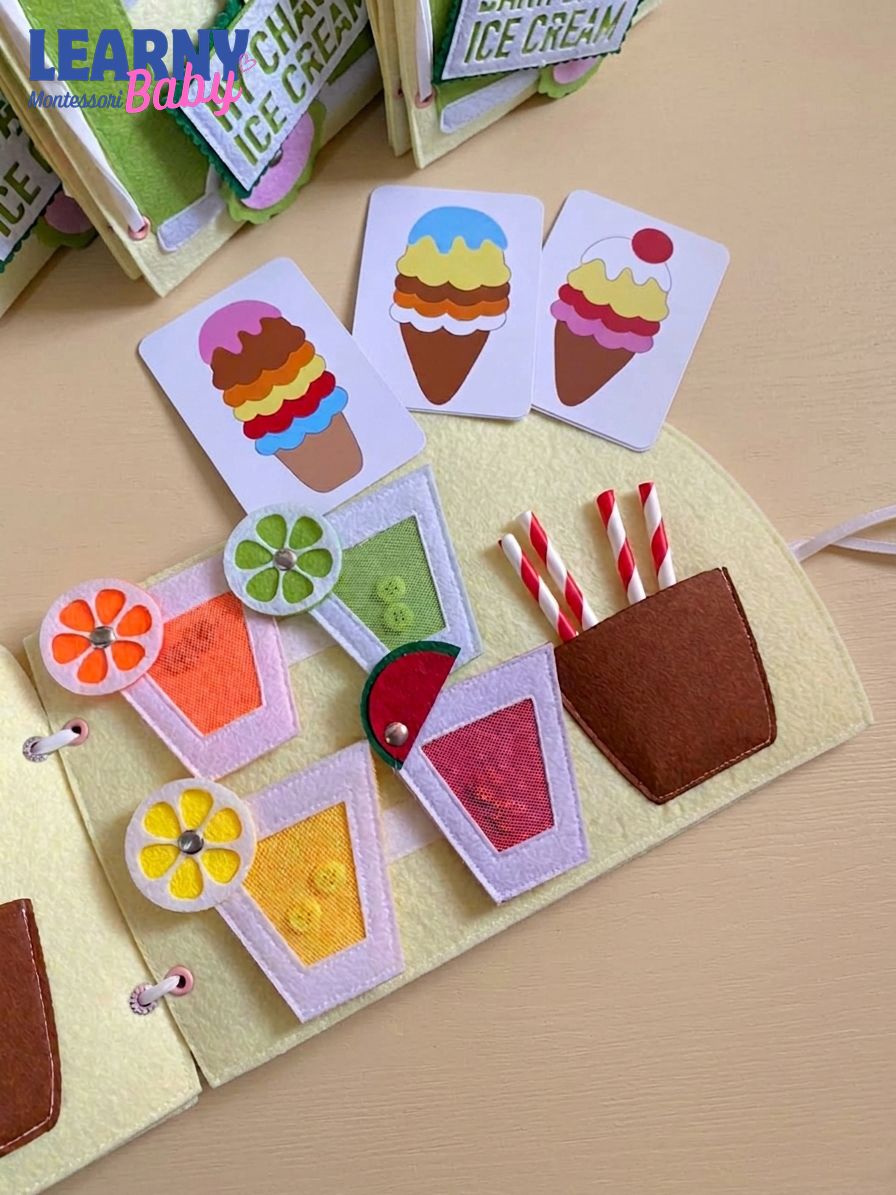Ice Cream Busy Book for Toddlers, Felt Quiet Book Ice Cream Truck, Montessori Sensory Toy, Fine Motor Skills Toy, Toddler Travel Toy QBLB47