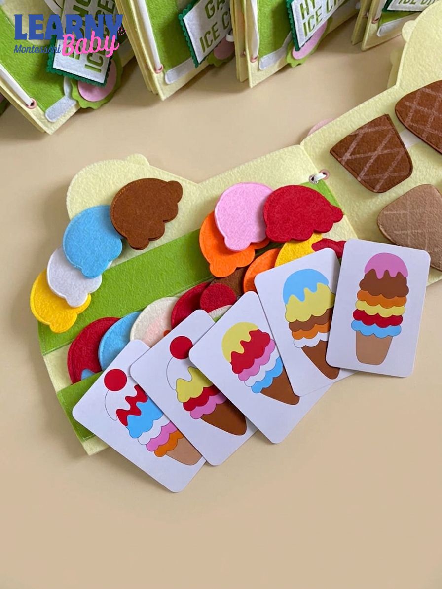 Ice Cream Busy Book for Toddlers, Felt Quiet Book Ice Cream Truck, Montessori Sensory Toy, Fine Motor Skills Toy, Toddler Travel Toy QBLB47