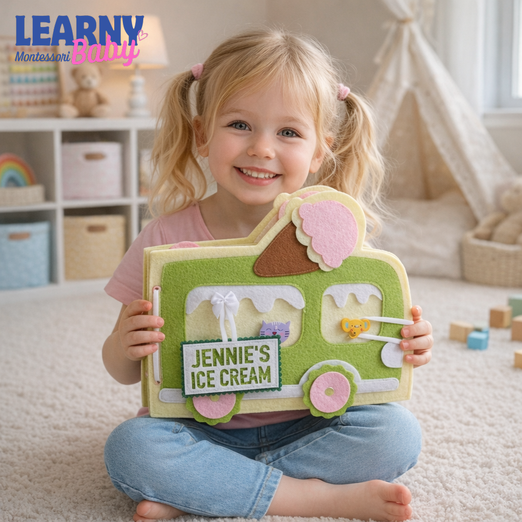 Ice Cream Busy Book for Toddlers, Felt Quiet Book Ice Cream Truck, Montessori Sensory Toy, Fine Motor Skills Toy, Toddler Travel Toy QBLB47