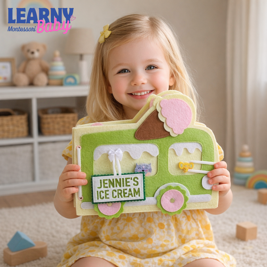 Ice Cream Busy Book for Toddlers, Felt Quiet Book Ice Cream Truck, Montessori Sensory Toy, Fine Motor Skills Toy, Toddler Travel Toy QBLB47