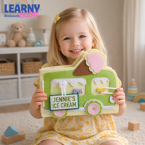 Ice Cream Busy Book for Toddlers, Felt Quiet Book Ice Cream Truck, Montessori Sensory Toy, Fine Motor Skills Toy, Toddler Travel Toy QBLB47
