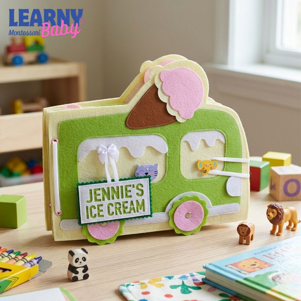 Ice Cream Busy Book for Toddlers, Felt Quiet Book Ice Cream Truck, Montessori Sensory Toy, Fine Motor Skills Toy, Toddler Travel Toy QBLB47