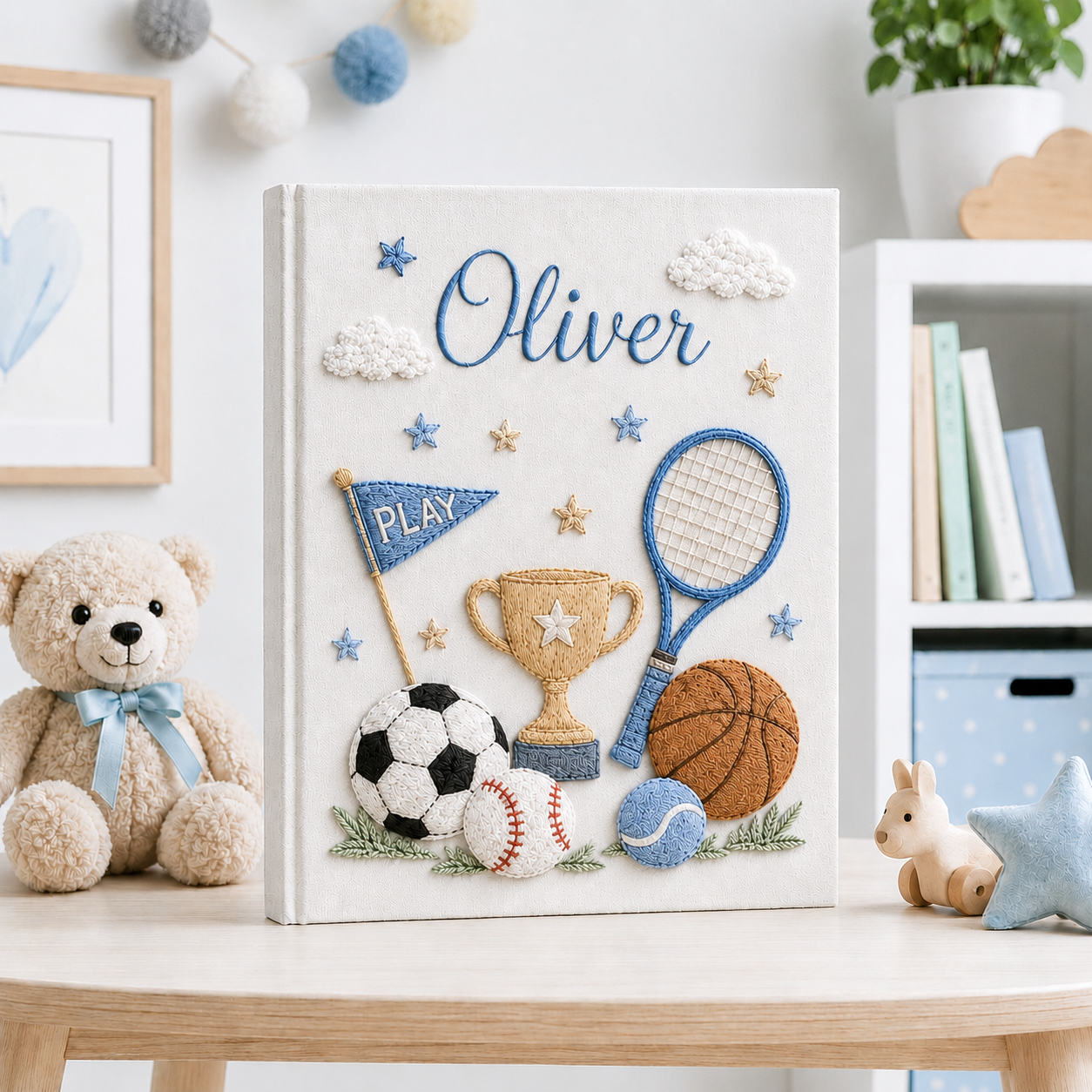 Personalized Sports Baby Photo Album, Custom Hand Embroidered Keepsake Album with Sleeves, Baby Boy Memory Book Gift EPLB14
