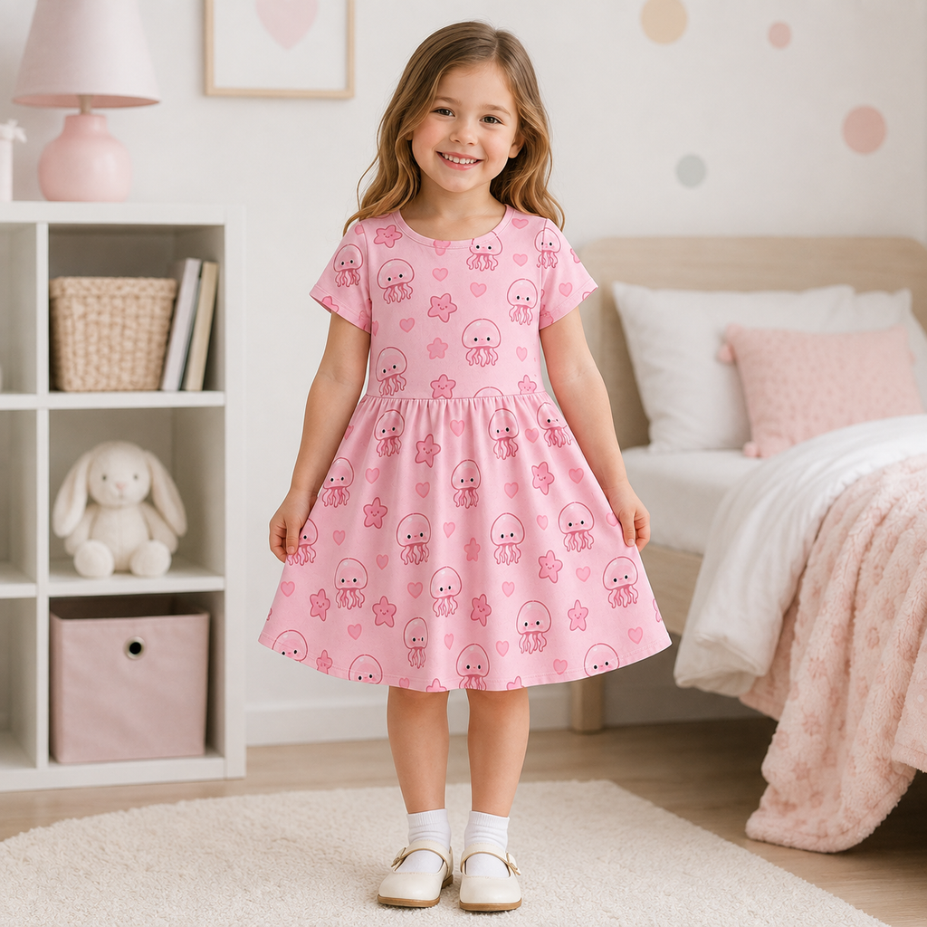 Cute Pink Jellyfish Bamboo Twirl Dress for Girls – Kawaii Ocean Dress