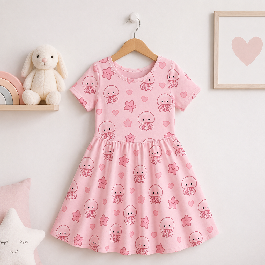 Cute Pink Jellyfish Bamboo Twirl Dress for Girls – Kawaii Ocean Dress