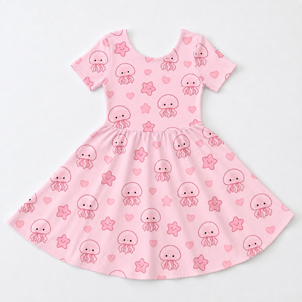 Cute Pink Jellyfish Bamboo Twirl Dress for Girls – Kawaii Ocean Dress