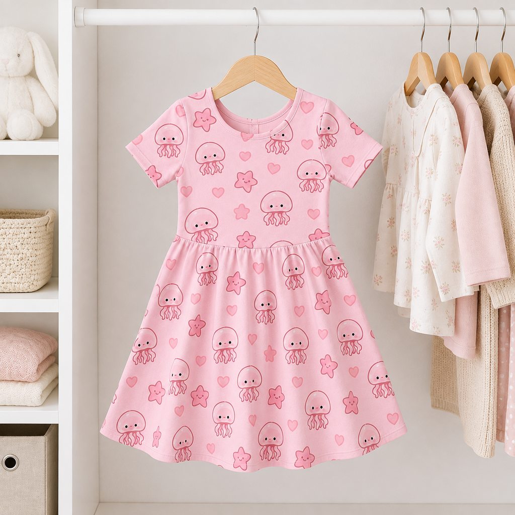Cute Pink Jellyfish Bamboo Twirl Dress for Girls – Kawaii Ocean Dress