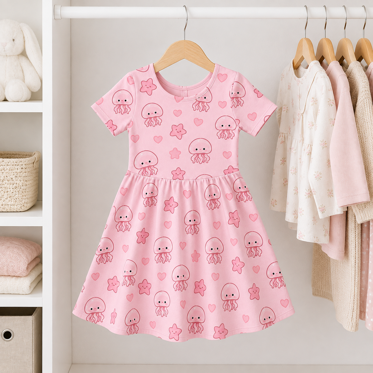 Cute Pink Jellyfish Bamboo Twirl Dress for Girls – Kawaii Ocean Dress