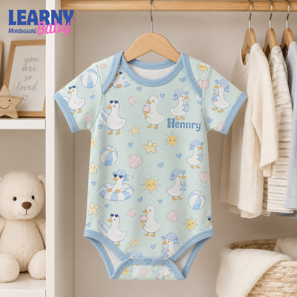Bamboo Baby Bodysuit, Personalized Beach Duck Baby Onesie, Soft Bamboo Viscose Infant Bodysuit
