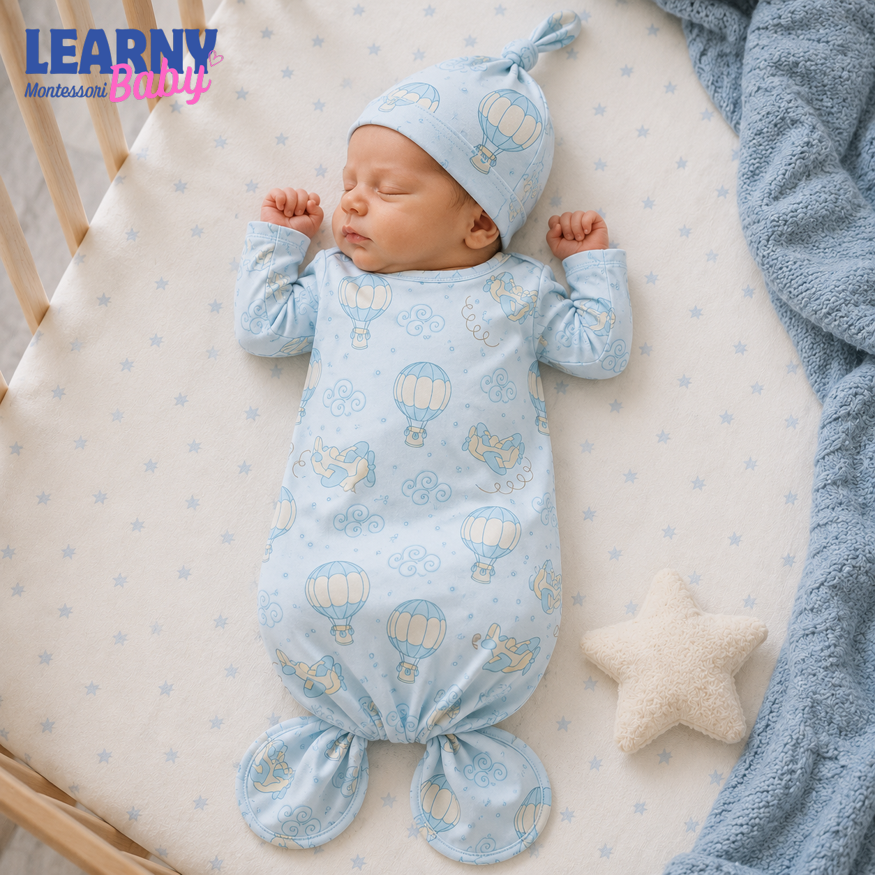 Newborn Baby Knotted Gown, Blue Hot Air Balloon Bamboo Sleeper, Baby Boy Hospital Outfit