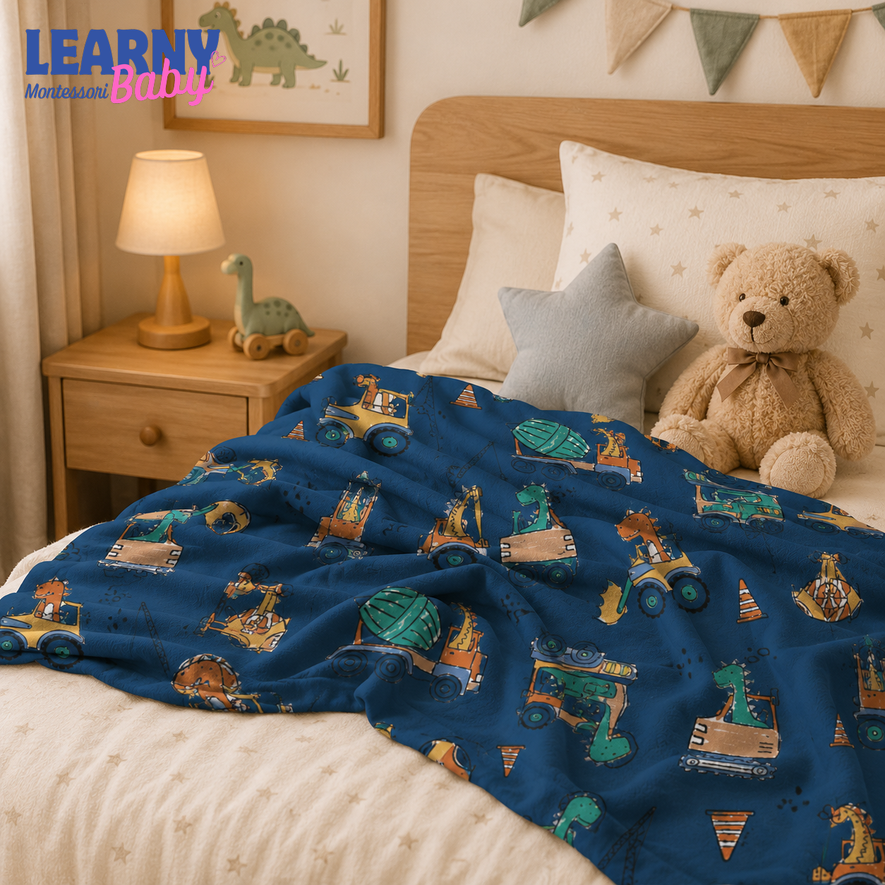 Dinosaur Construction Bamboo Baby Blanket, Excavator and Truck Nursery Blanket, Soft Newborn Receiving Blanket, Baby Boy Gift