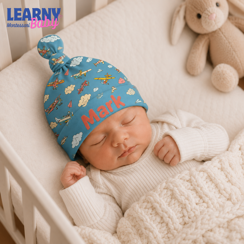 Personalized Airplane Bamboo Baby Knotted Hat, Custom Name Newborn Beanie, Baby Boy Aviation Coming Home Hat