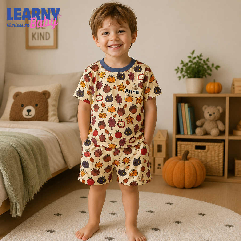 Personalized Fall Bamboo Pajamas for Kids, Custom Name Pumpkin Apple Autumn Leaf and Black Cat Long Pajama Set