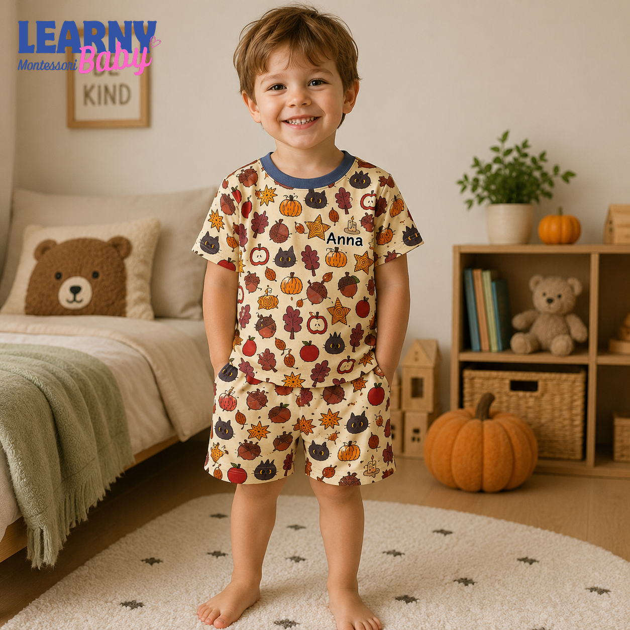 Personalized Fall Bamboo Pajamas for Kids, Custom Name Pumpkin Apple Autumn Leaf and Black Cat Long Pajama Set