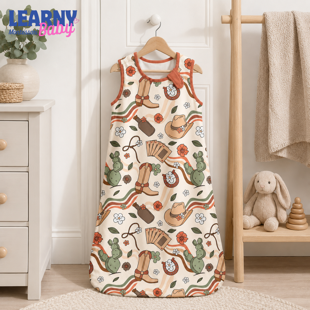 Western Cowboy Bamboo Baby Sleep Sack, Boots Cactus and Horseshoe Wearable Blanket, Baby Shower Gift