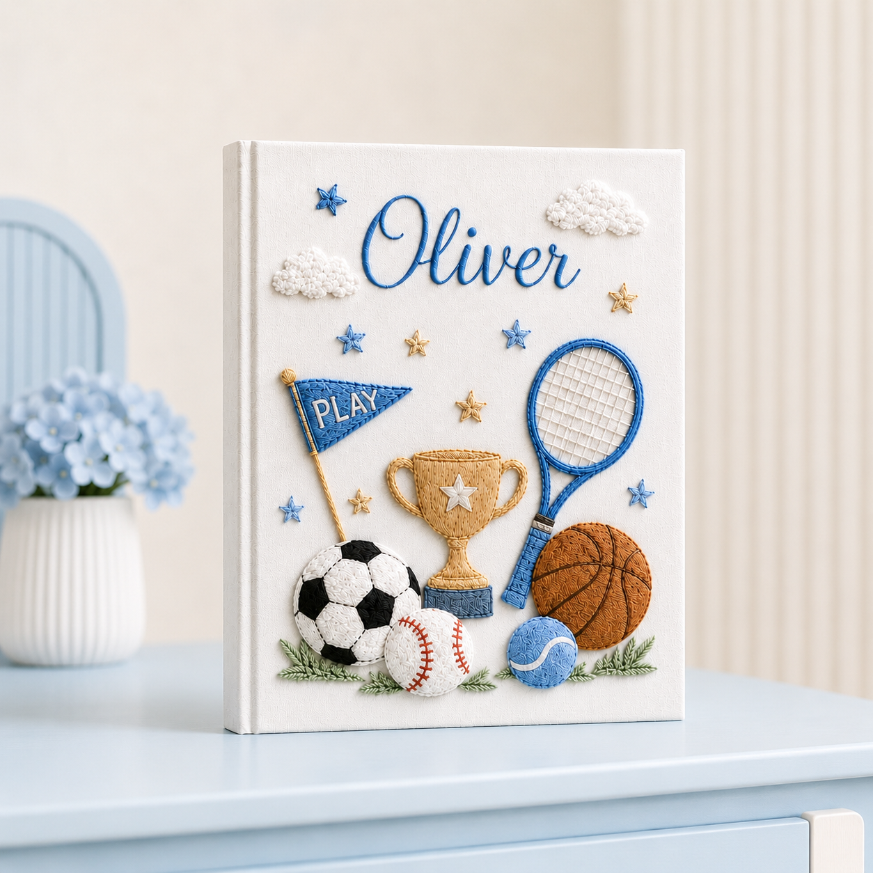 Personalized Sports Baby Photo Album, Custom Hand Embroidered Keepsake Album with Sleeves, Baby Boy Memory Book Gift EPLB14