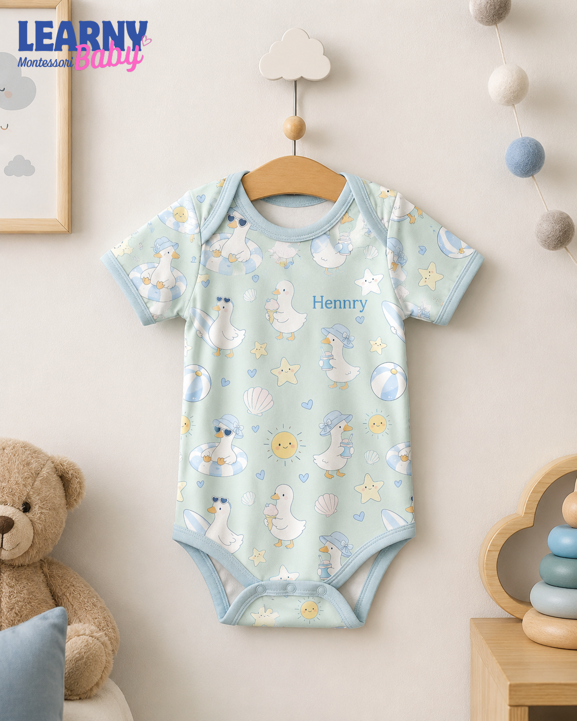 Bamboo Baby Bodysuit, Personalized Beach Duck Baby Onesie, Soft Bamboo Viscose Infant Bodysuit