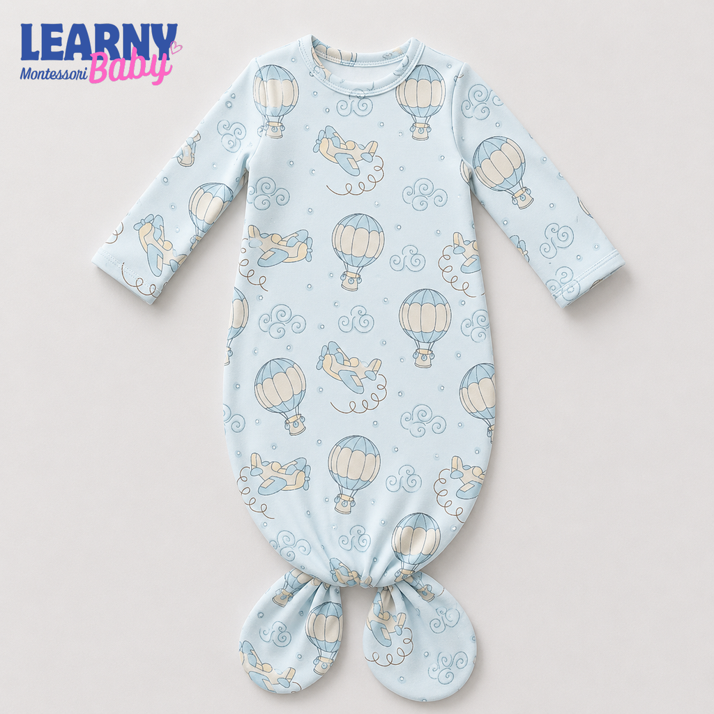Newborn Baby Knotted Gown, Blue Hot Air Balloon Bamboo Sleeper, Baby Boy Hospital Outfit