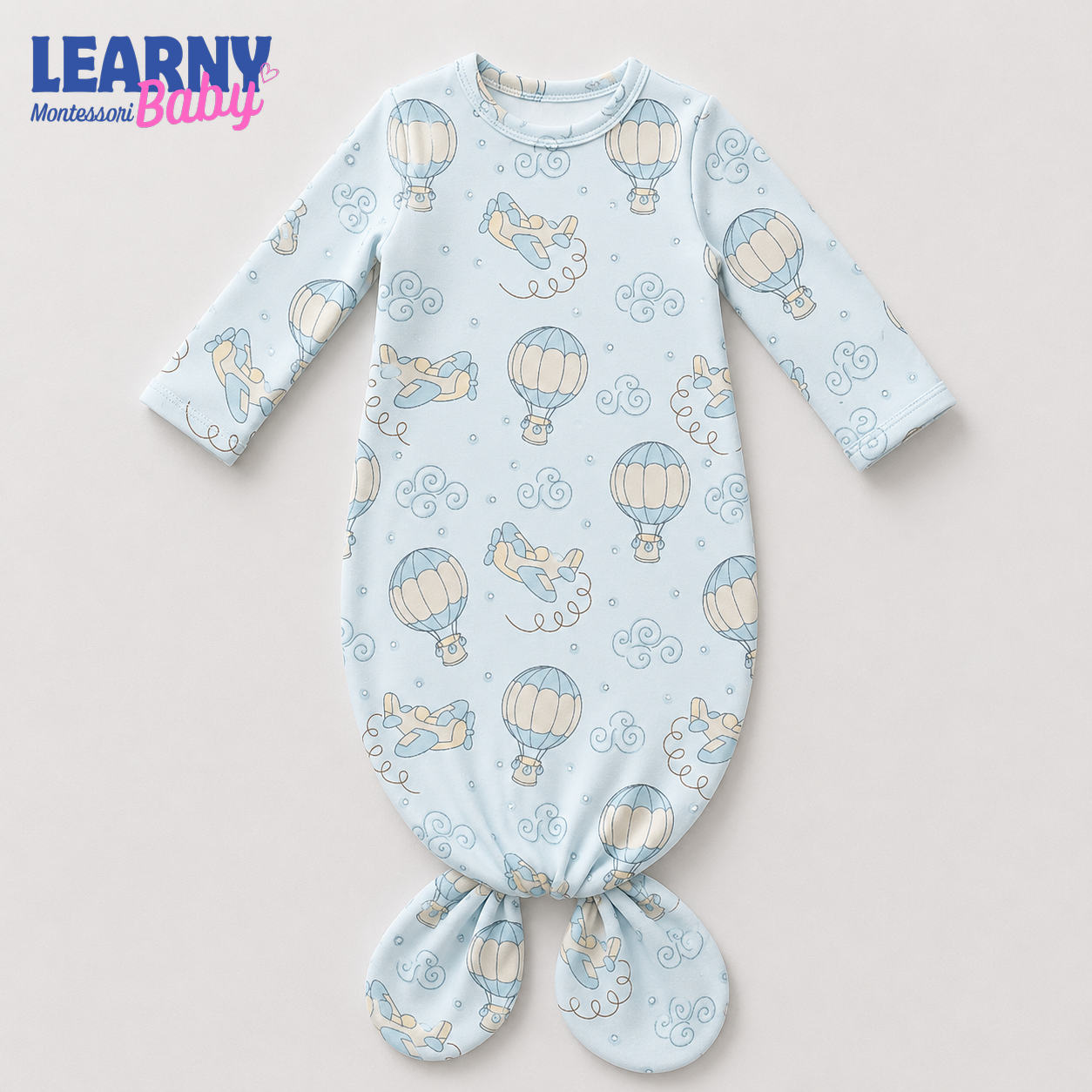 Newborn Baby Knotted Gown, Blue Hot Air Balloon Bamboo Sleeper, Baby Boy Hospital Outfit