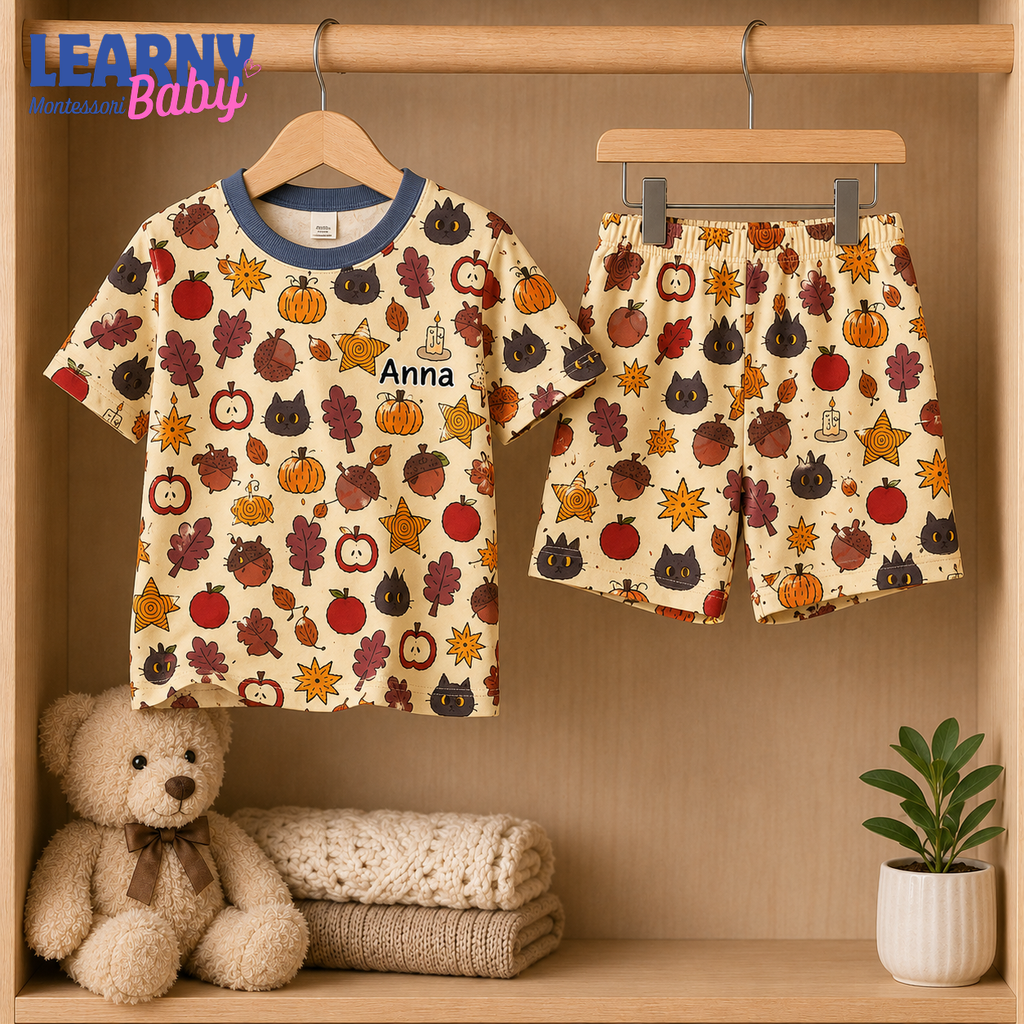 Personalized Fall Bamboo Pajamas for Kids, Custom Name Pumpkin Apple Autumn Leaf and Black Cat Long Pajama Set