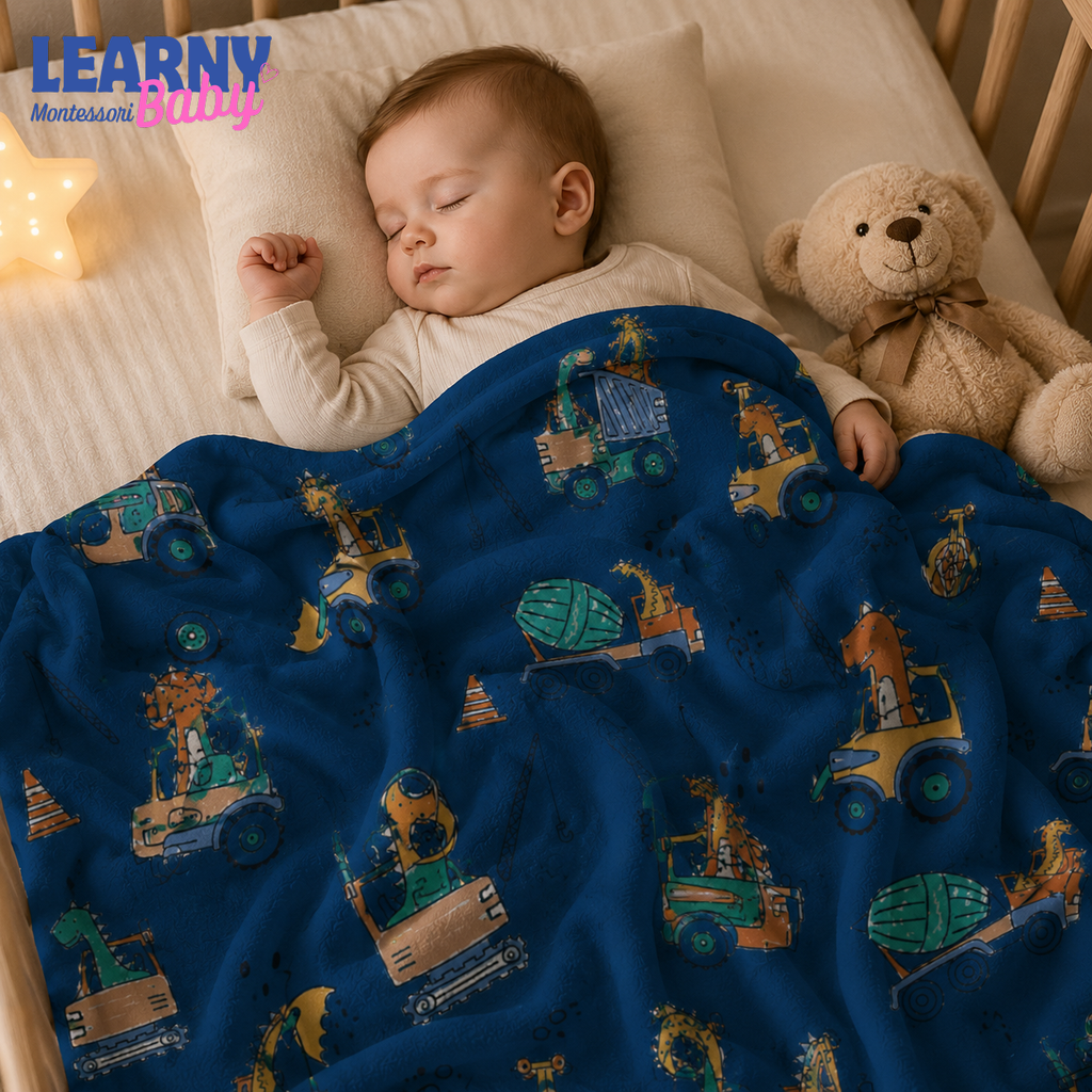 Dinosaur Construction Bamboo Baby Blanket, Excavator and Truck Nursery Blanket, Soft Newborn Receiving Blanket, Baby Boy Gift