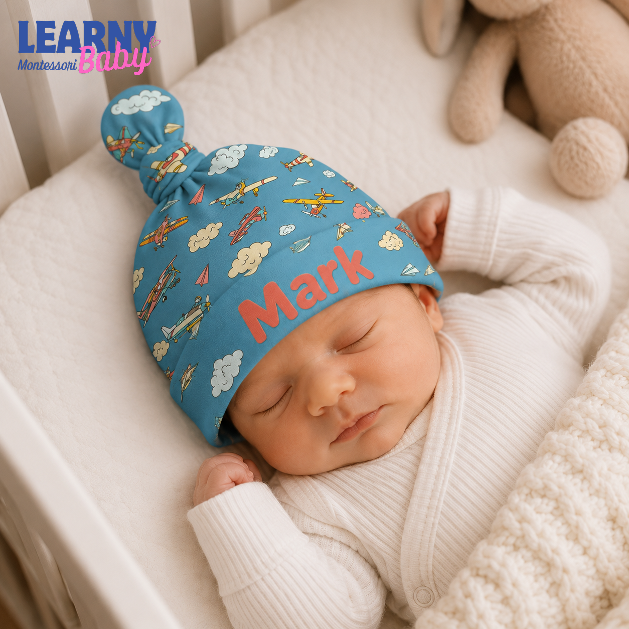 Personalized Airplane Bamboo Baby Knotted Hat, Custom Name Newborn Beanie, Baby Boy Aviation Coming Home Hat
