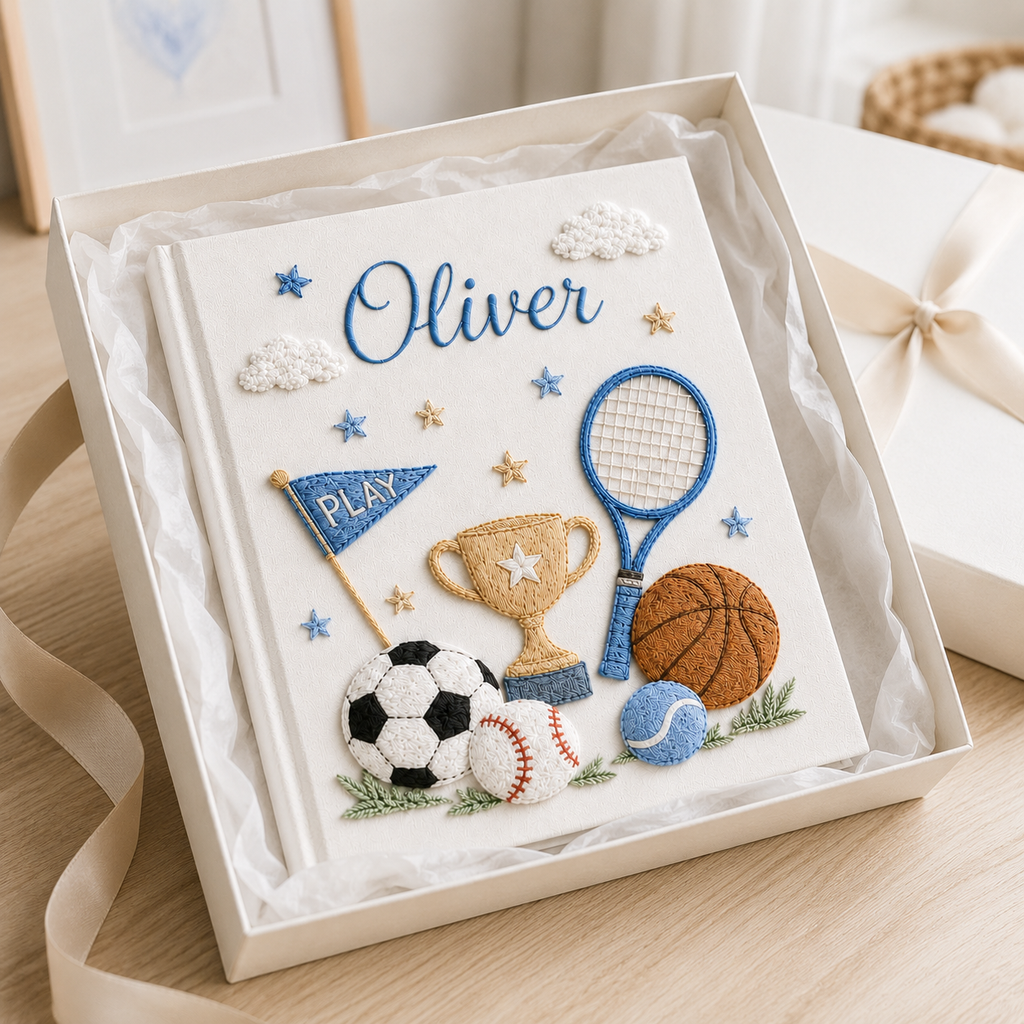 Personalized Sports Baby Photo Album, Custom Hand Embroidered Keepsake Album with Sleeves, Baby Boy Memory Book Gift EPLB14
