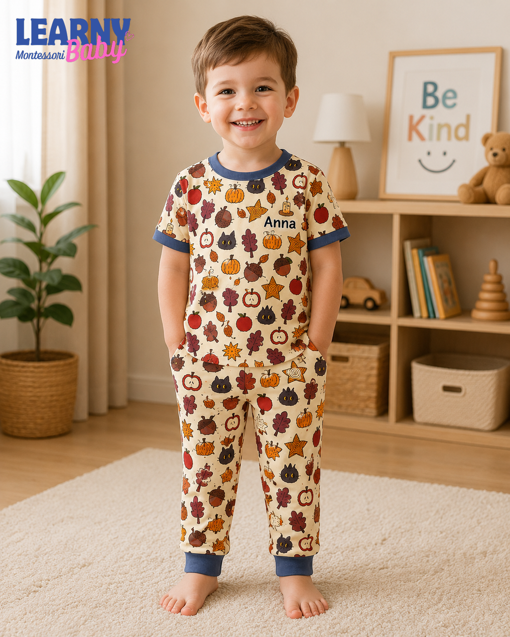 Personalized Fall Bamboo Pajamas for Kids, Custom Name Pumpkin Apple Autumn Leaf and Black Cat Long Pajama Set