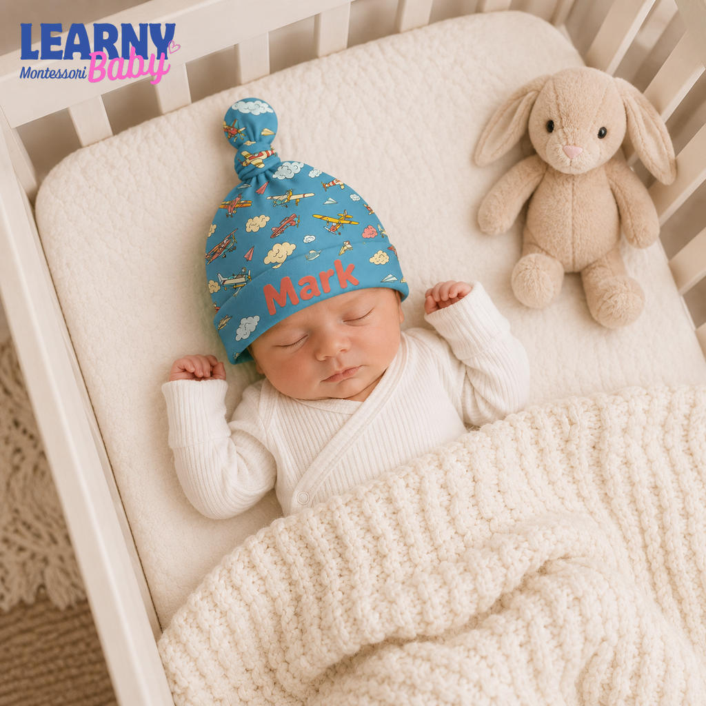 Personalized Airplane Bamboo Baby Knotted Hat, Custom Name Newborn Beanie, Baby Boy Aviation Coming Home Hat