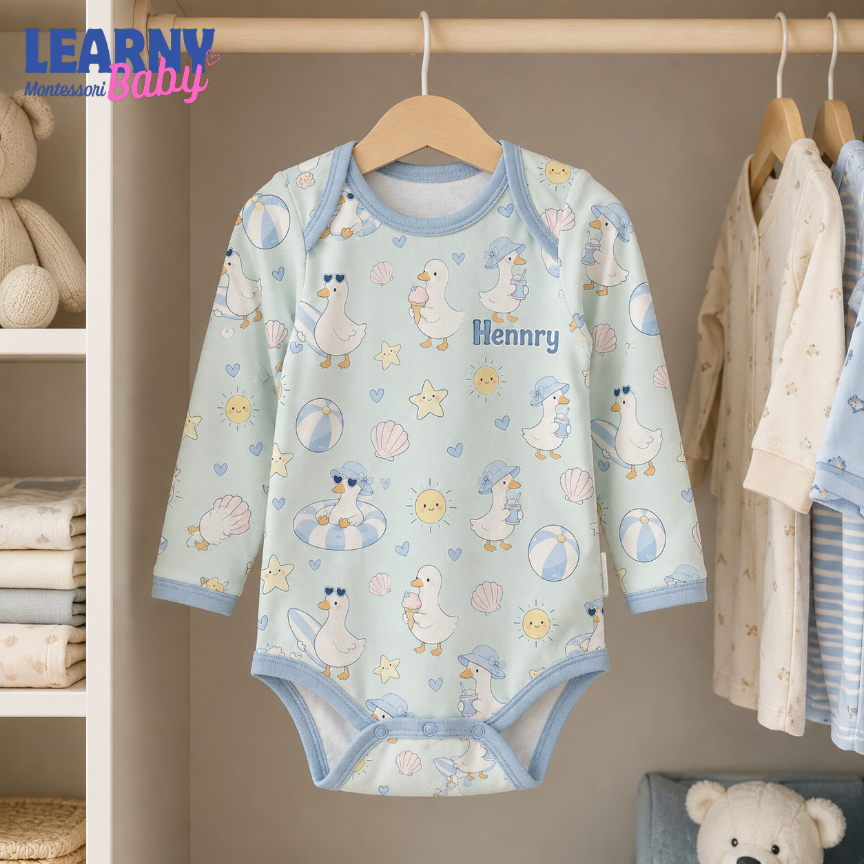 Bamboo Baby Bodysuit, Personalized Beach Duck Baby Onesie, Soft Bamboo Viscose Infant Bodysuit