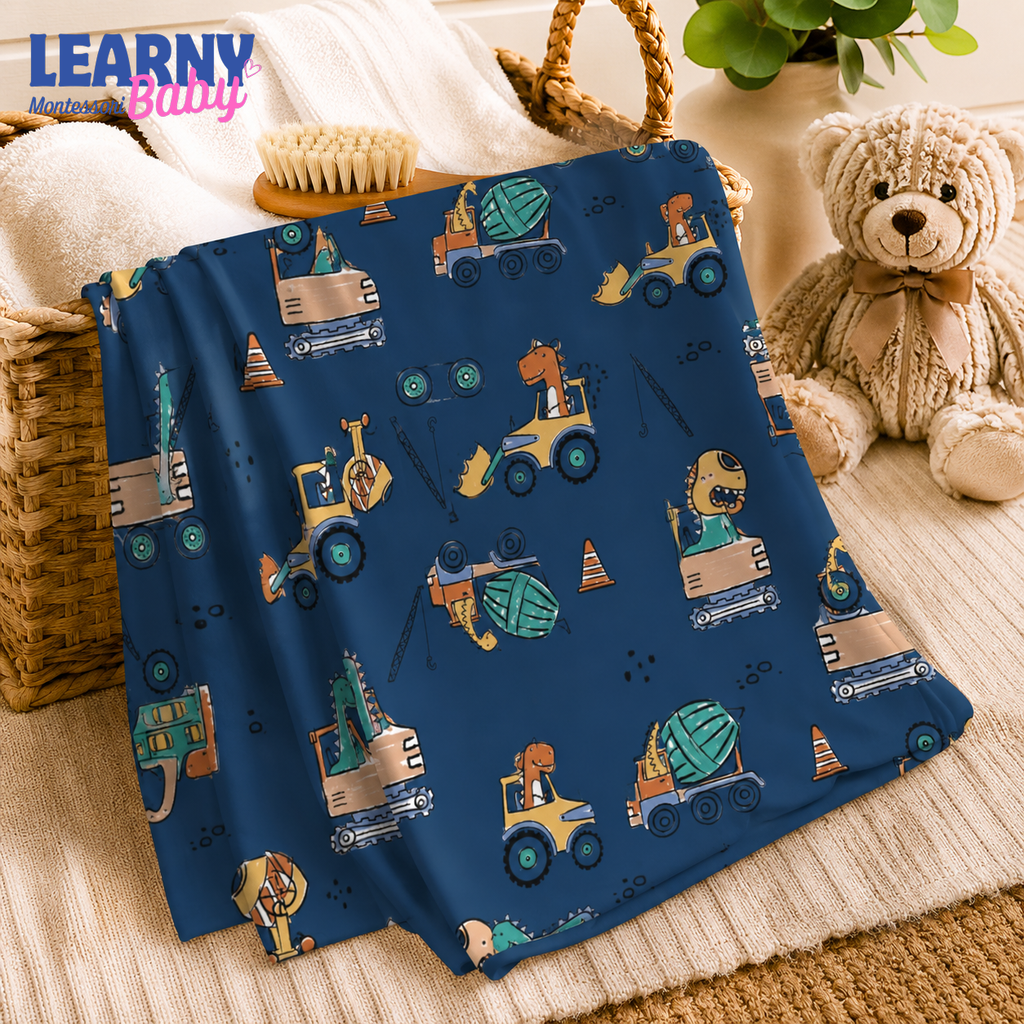 Dinosaur Construction Bamboo Baby Blanket, Excavator and Truck Nursery Blanket, Soft Newborn Receiving Blanket, Baby Boy Gift