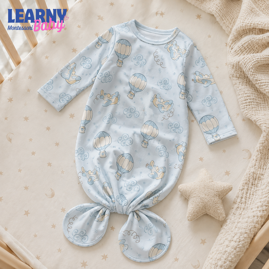 Newborn Baby Knotted Gown, Blue Hot Air Balloon Bamboo Sleeper, Baby Boy Hospital Outfit